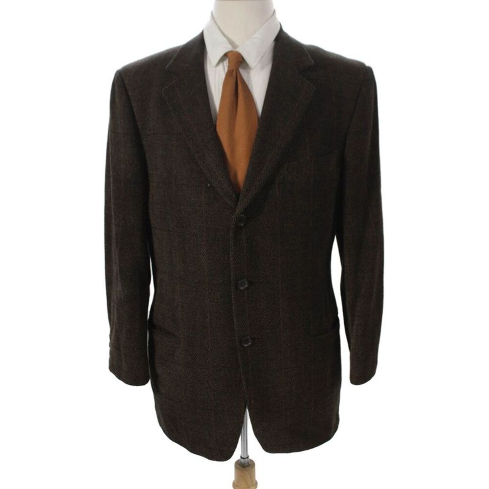 Ermenegildo Zegna Mens Brown Wool Chevron Blazer Button Closure Size 52
